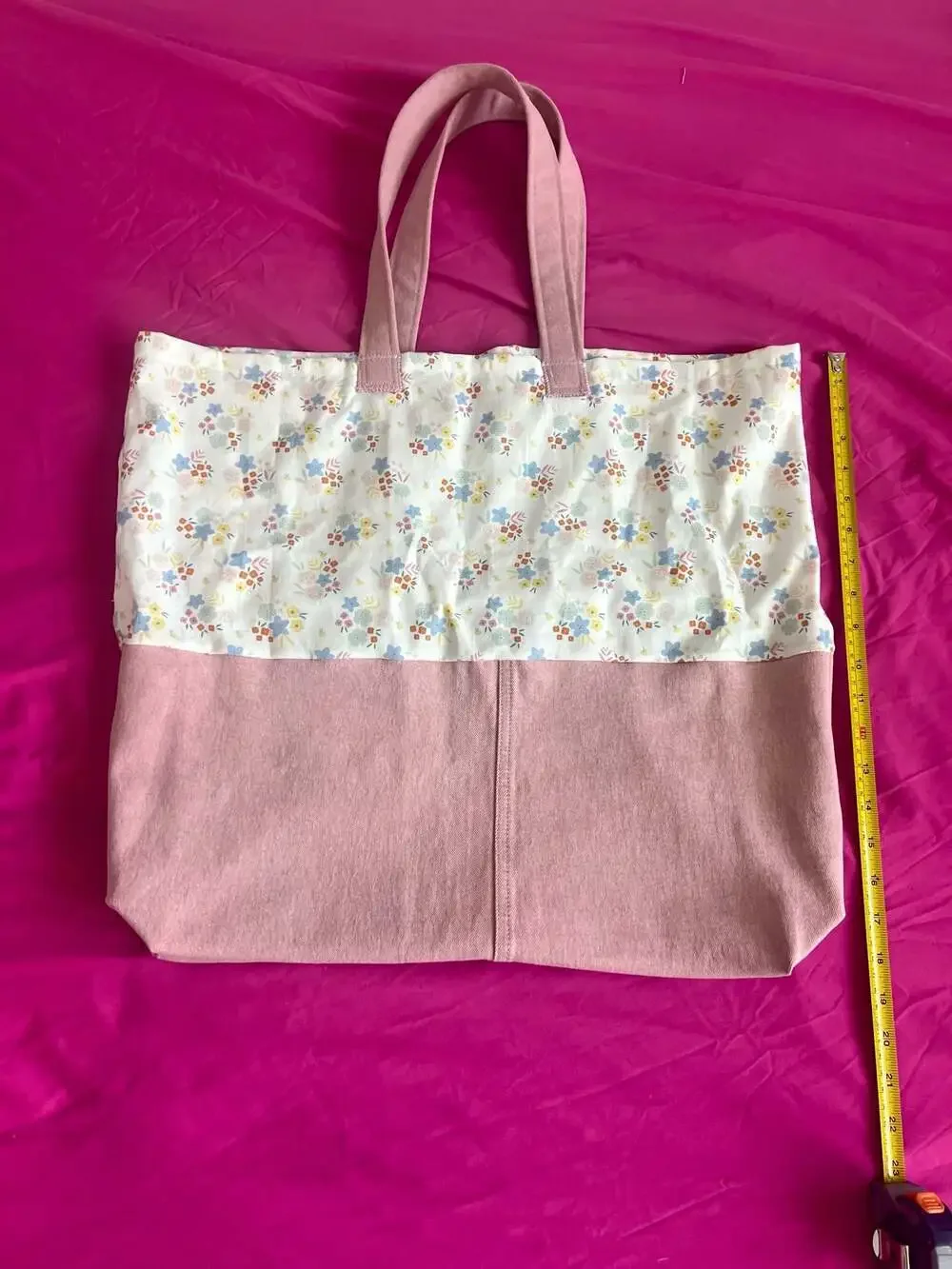 Handmade Cottagecore Pink Canvas and Floral Print Tote Bag